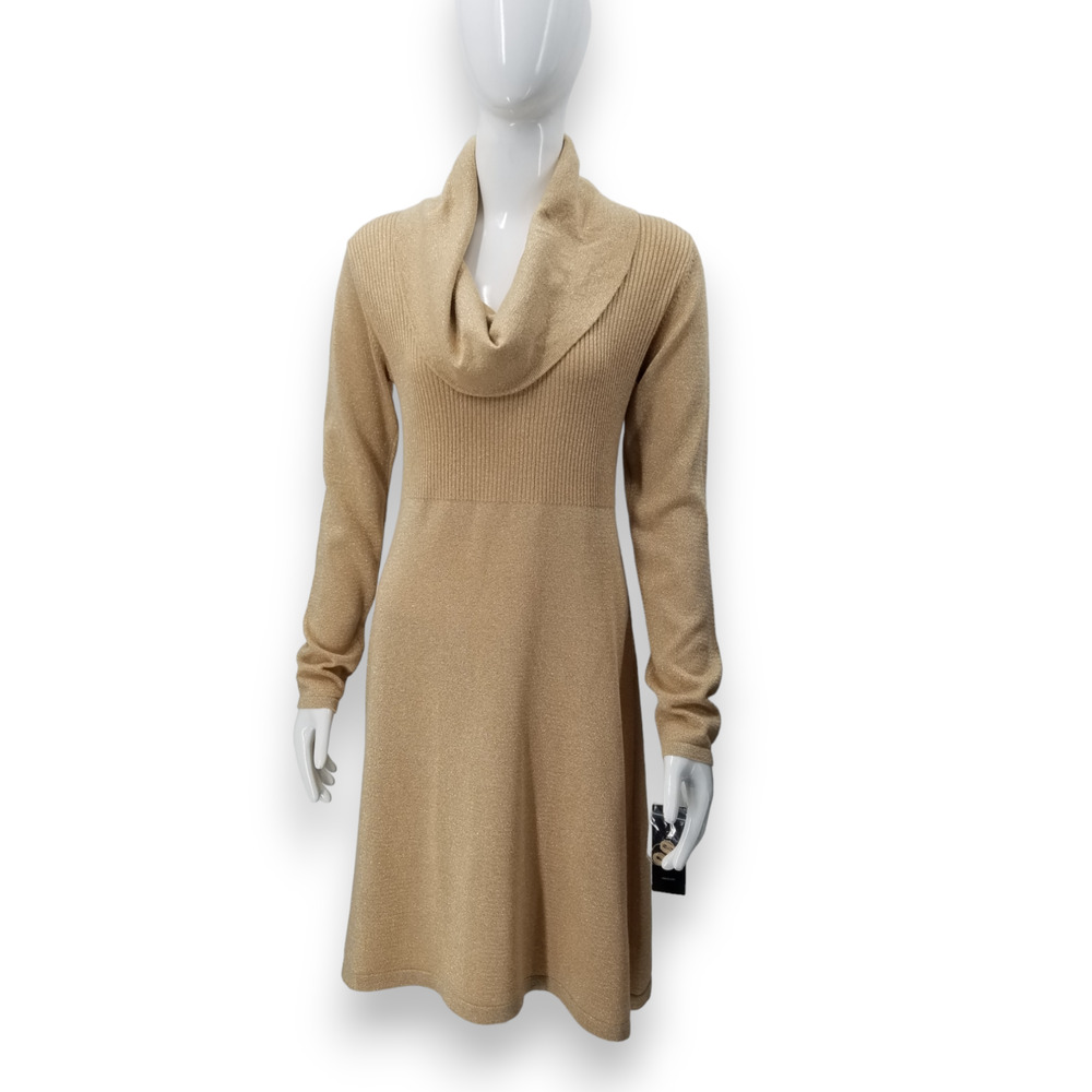 Style & Co Paris Metallic Gold Long Sleeve Cowl Neck Knee Length Dress Small